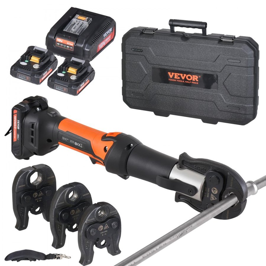 VEVOR Press Tool and Battery Kit, Press Tool, Electric Pipe Crimping Tool with V15, V22, V28 Jaws, Press Tool Kit with 2pcs 18V 2.0Ah Battery, Fast Charger, and Carrying Case