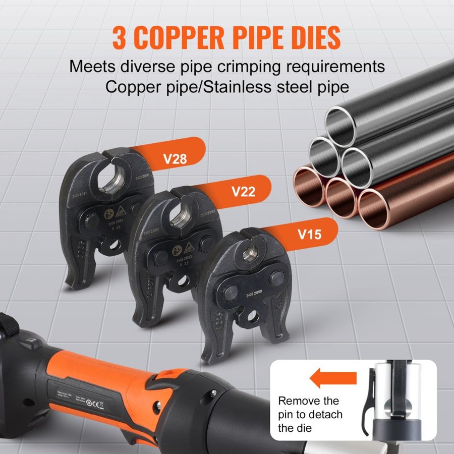 VEVOR Press Tool and Battery Kit, Press Tool, Electric Pipe Crimping Tool with V15, V22, V28 Jaws, Press Tool Kit with 2pcs 18V 2.0Ah Battery, Fast Charger, and Carrying Case