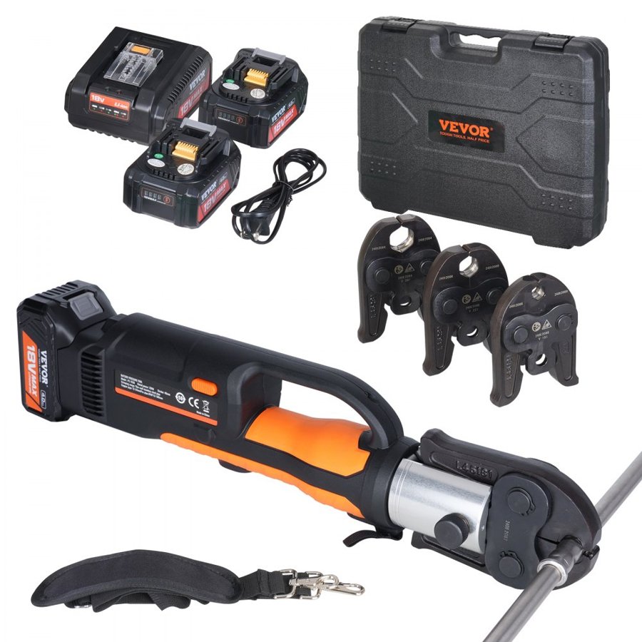 VEVOR Press Tool and Battery Kit, Press Tool, Electric Pipe Crimping Tool with V15, V22, V28 Jaws, Press Tool Kit with 2pcs 18V 4.0Ah Battery, Fast Charger, and Carrying Case