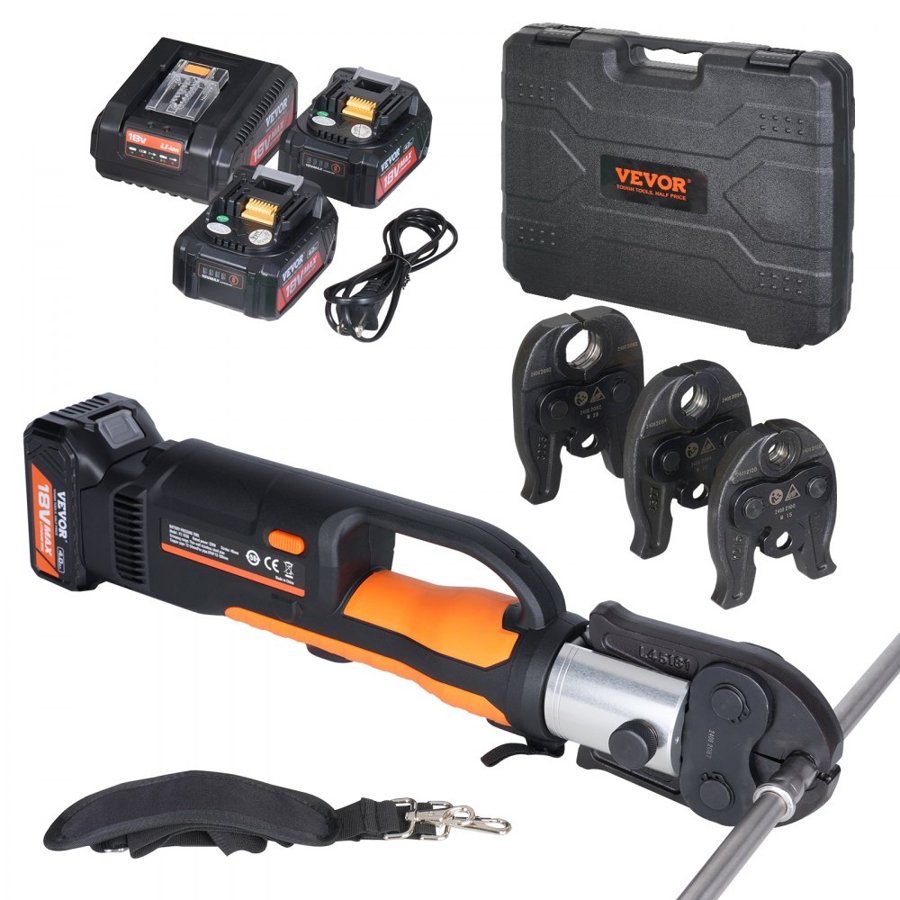 VEVOR Press Tool and Battery Kit, Pro Press Tool, Electric Pipe Crimping Tool with M15, M22, M28 Jaws, Press Tool Kit with 2pcs 18V 4.0Ah Battery, Fast Charger, and Carrying Case