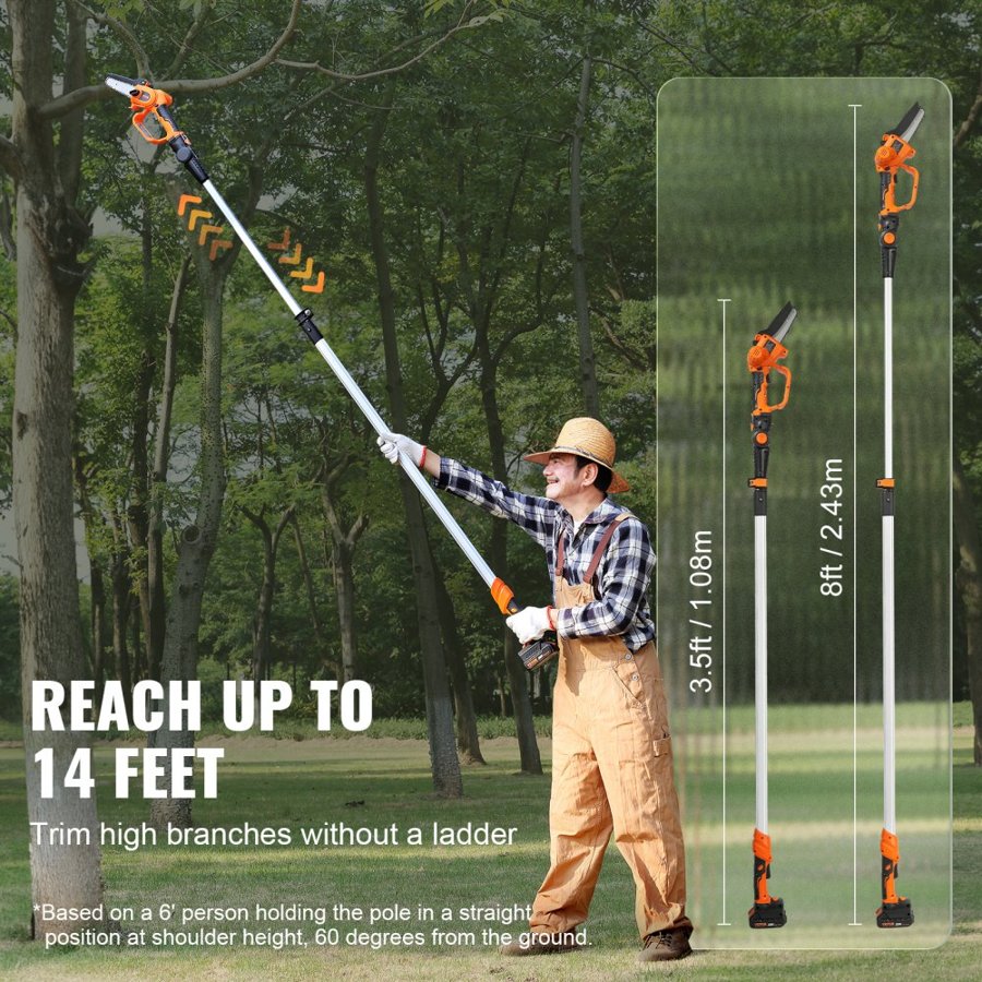 VEVOR 2-in-1 Cordless Pole Saw & Mini Chainsaw, 20V 2Ah Battery Pole Chainsaw, 12.7cm Cutting Capacity 243.8 cm Reach Pole Saw for Branch Cutting & Tree Trimming (Battery and Blade Cover Included)