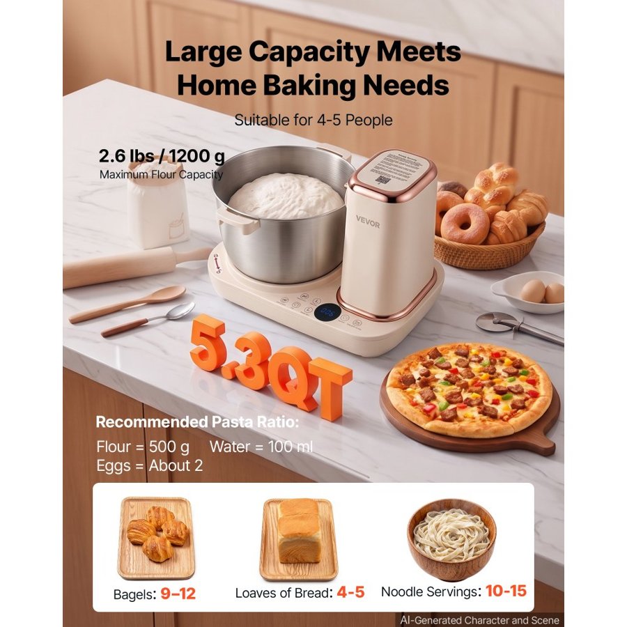 VEVOR Dough Mixer 5L Electric Dough Food Maker with Ferment Function, for Pizza Pasta Sourdough Noodle, 304 Stainless Steel Bowl, Timer, Face-up Control Panel, Household Dough Kneading Machine