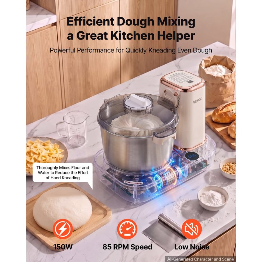 VEVOR Dough Mixer 5L Electric Dough Food Maker with Ferment Function, for Pizza Pasta Sourdough Noodle, 304 Stainless Steel Bowl, Timer, Face-up Control Panel, Household Dough Kneading Machine
