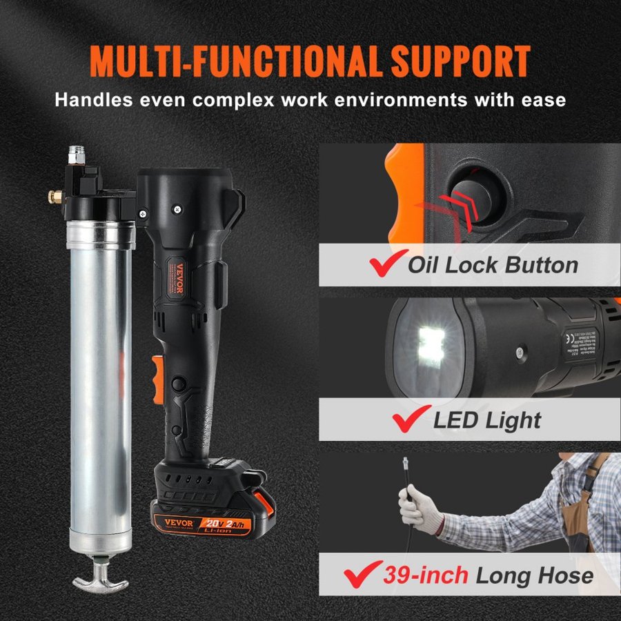 VEVOR Cordless Grease Gun Kit – 20V, 10,000 PSI, 39" Hose