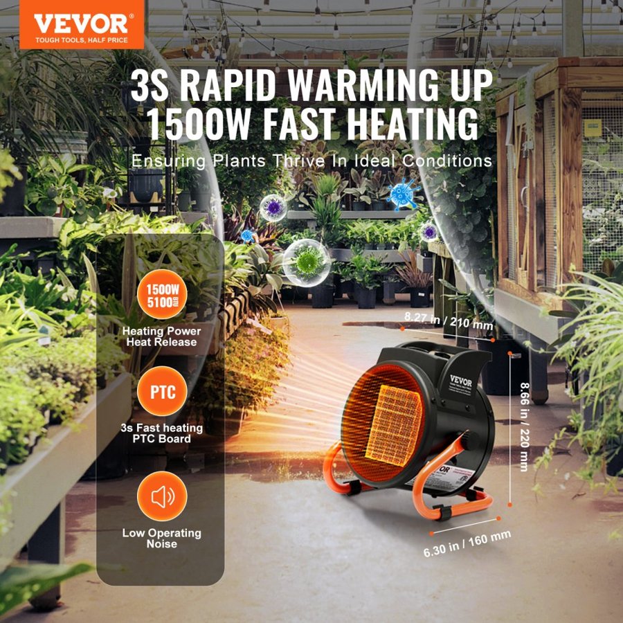 VEVOR Greenhouse Heater, 2000W PTC Fast Heating with Overheat Protection, 3-Speed Setting Small Grow Tent Heater, Electric Portable Heater Fan for Green House, Flower Room, Workplace