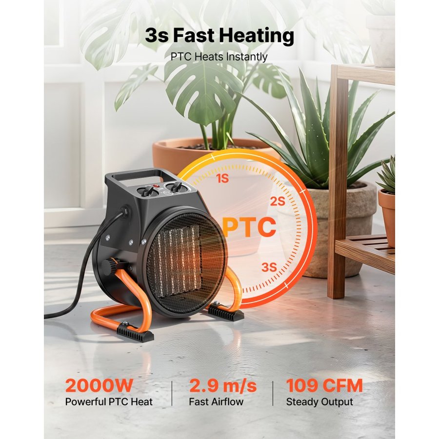 VEVOR Greenhouse Heater, 2000W Electric PTC Space Heater with Fan, Low & High Heat Modes, 15° Adjustable Angle, Overheat Protection, Portable for Grow Tent, Small Greenhouse, Flower Room, Home Office