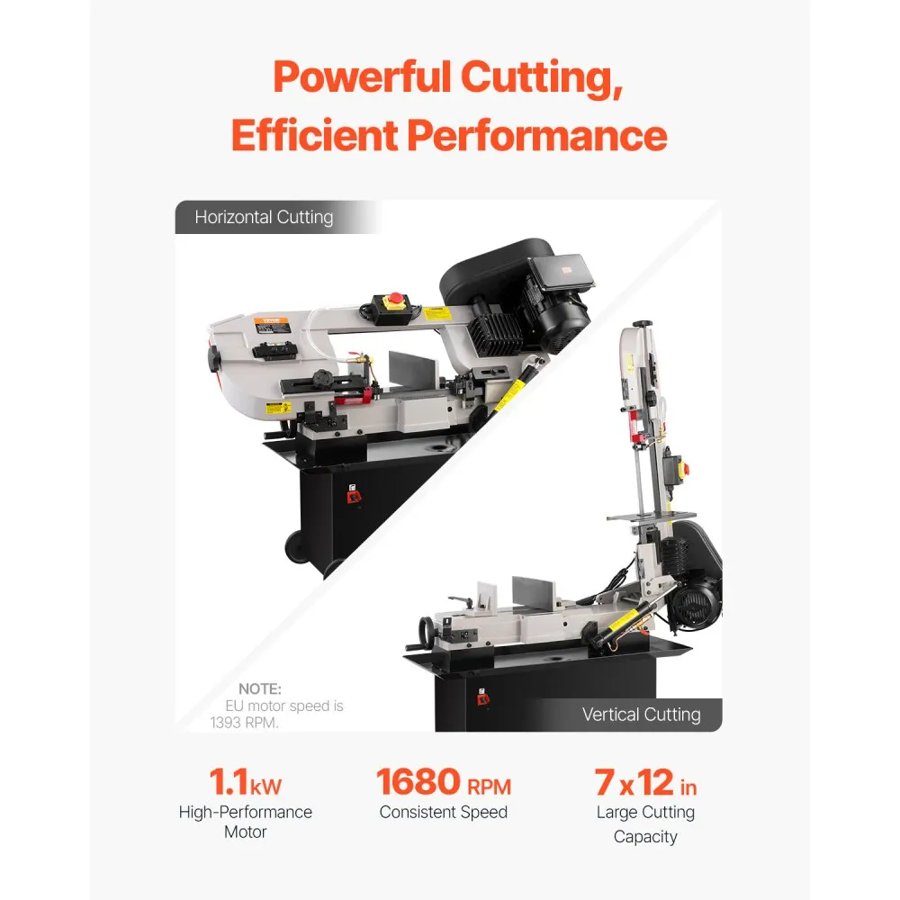 VEVOR Metal Horizontal Band Saw, 178 x 305 mm(7 x 12 in) Rectangular Cutting Capacity, 220V Metal Vertical Cutting Bandsaw with 1.1 kW Motor, 0-45° Angle Adjustment, Variable Speed, for Metal, Wood, and Plastic