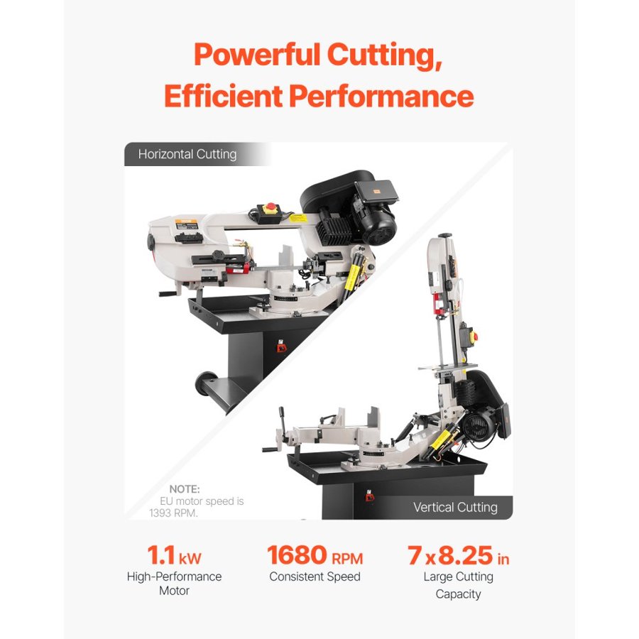 VEVOR Metal Horizontal Band Saw, 178 x 209 mm(7 x 8.25 in) Rectangular Cutting Capacity, 220V Metal Vertical Cutting Bandsaw with 1.1 kW Motor, 0-45° Angle Adjustment, Variable Speed, for Metal, Wood, and Plastic