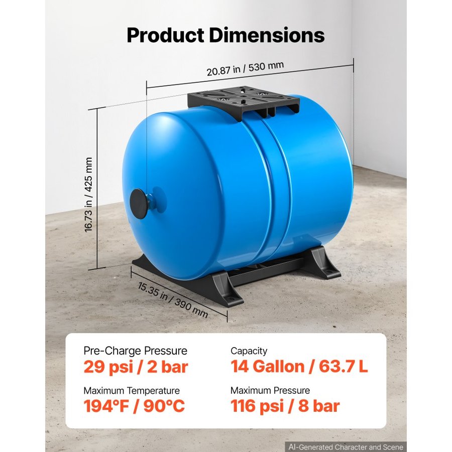 VEVOR 63.7L Horizontal Well Pressure Tank, Pre-Charged Pressurized Water Tank for Well Pumps, Heavy-Duty Carbon Steel Water Storage Container for Home, School, Farm & Irrigation Systems
