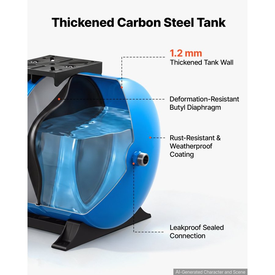 VEVOR 63.7L Horizontal Well Pressure Tank, Pre-Charged Pressurized Water Tank for Well Pumps, Heavy-Duty Carbon Steel Water Storage Container for Home, School, Farm & Irrigation Systems
