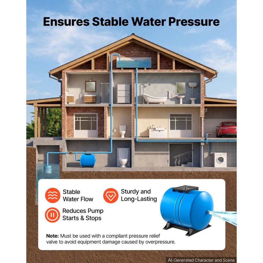 VEVOR 63.7L Horizontal Well Pressure Tank, Pre-Charged Pressurized Water Tank for Well Pumps, Heavy-Duty Carbon Steel Water Storage Container for Home, School, Farm & Irrigation Systems
