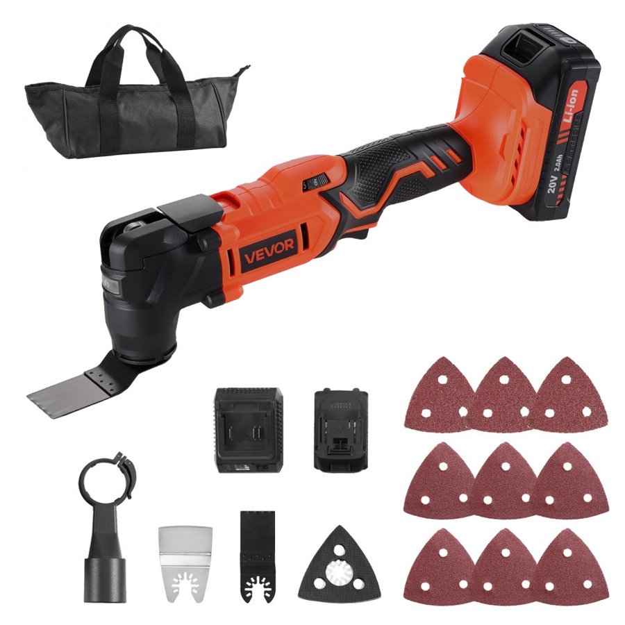 VEVOR Cordless Oscillating Tool, 20V Oscillating Multi Tool Kit with 6 Variable Speeds 8500 - 17000 OPM, 3.2° Oscillating Angle, 2.0Ah Battery Pack & Charger, 12PCS Saw Accessories & LED Work Light