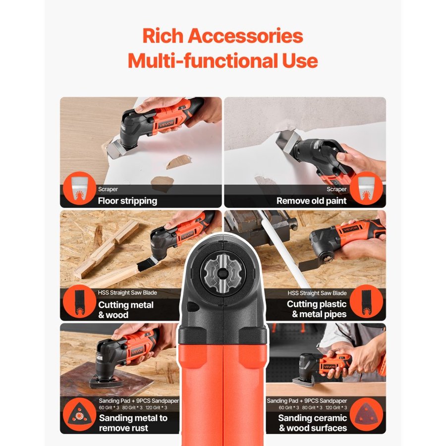 VEVOR Cordless Oscillating Tool, 20V Oscillating Multi Tool Kit with 6 Variable Speeds 8500 - 17000 OPM, 3.2° Oscillating Angle, 2.0Ah Battery Pack & Charger, 12PCS Saw Accessories & LED Work Light