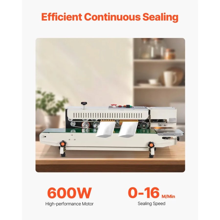 VEVOR Continuous Bag Band Sealing Machine, 0.24-0.47 in/6-12 mm Seal Width, Horizontal Band Sealer Machine with Digital Temperature Control, Bag Sealer for 0.02-0.8 mm Plastic Bags, Inflation Function