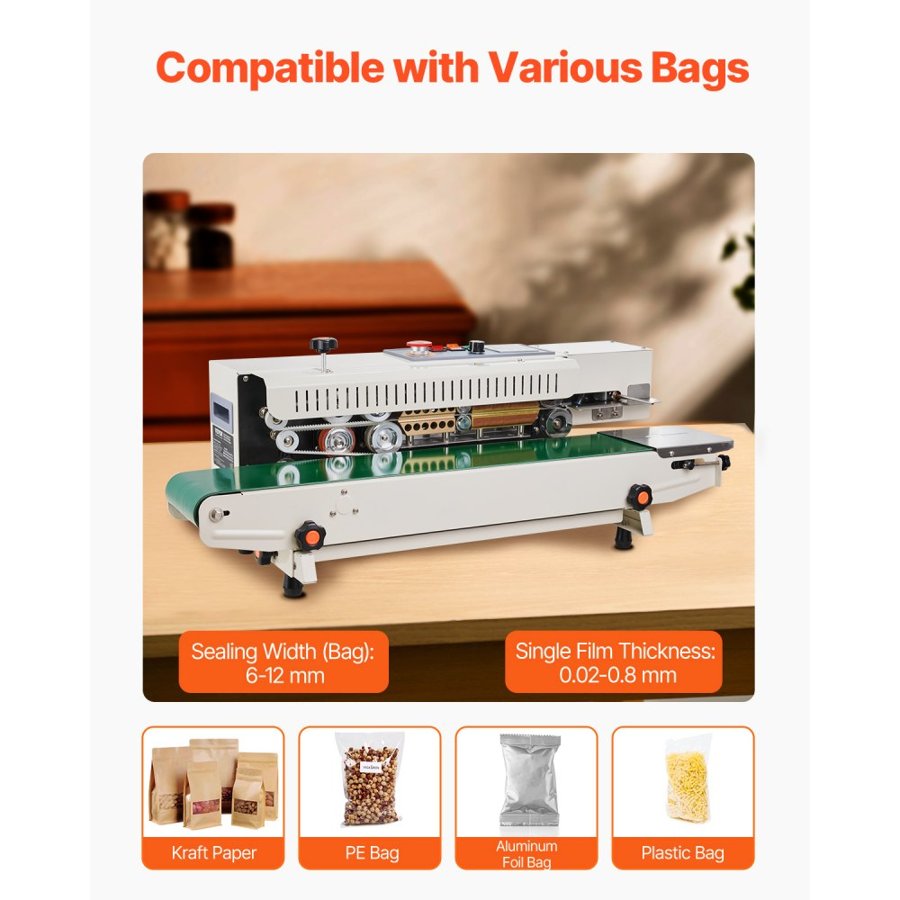 VEVOR Continuous Bag Band Sealing Machine, 0.24-0.47 in/6-12 mm Seal Width, Horizontal Band Sealer Machine with Digital Temperature Control, Bag Sealer for 0.02-0.8 mm Plastic Bags, Inflation Function