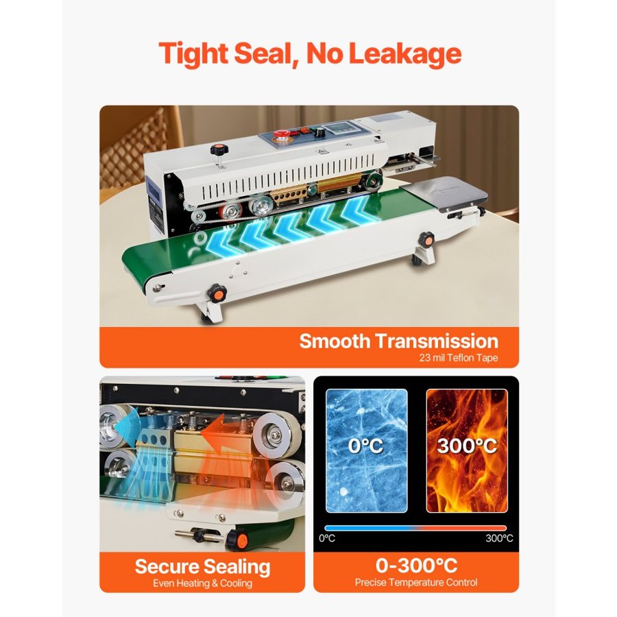 VEVOR Continuous Bag Band Sealing Machine, 0.24-0.47 in/6-12 mm Seal Width, Horizontal Band Sealer Machine with Digital Temperature Control, Bag Sealer for 0.02-0.8 mm Plastic Bags, Inflation Function