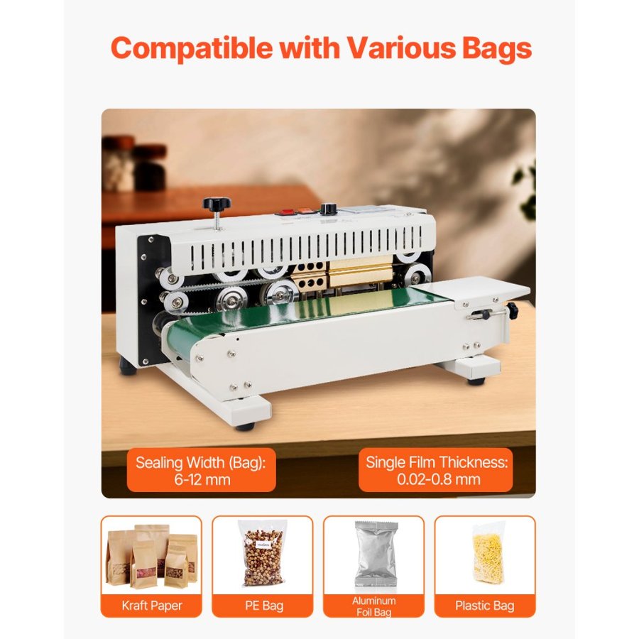 VEVOR Continuous Bag Band Sealing Machine, 0.24-0.47 in/6-12 mm Seal Width, Horizontal Band Sealer Machine with Digital Temperature Control, Carbon Steel Bag Sealer for 0.02-0.8 mm Plastic Bags Films