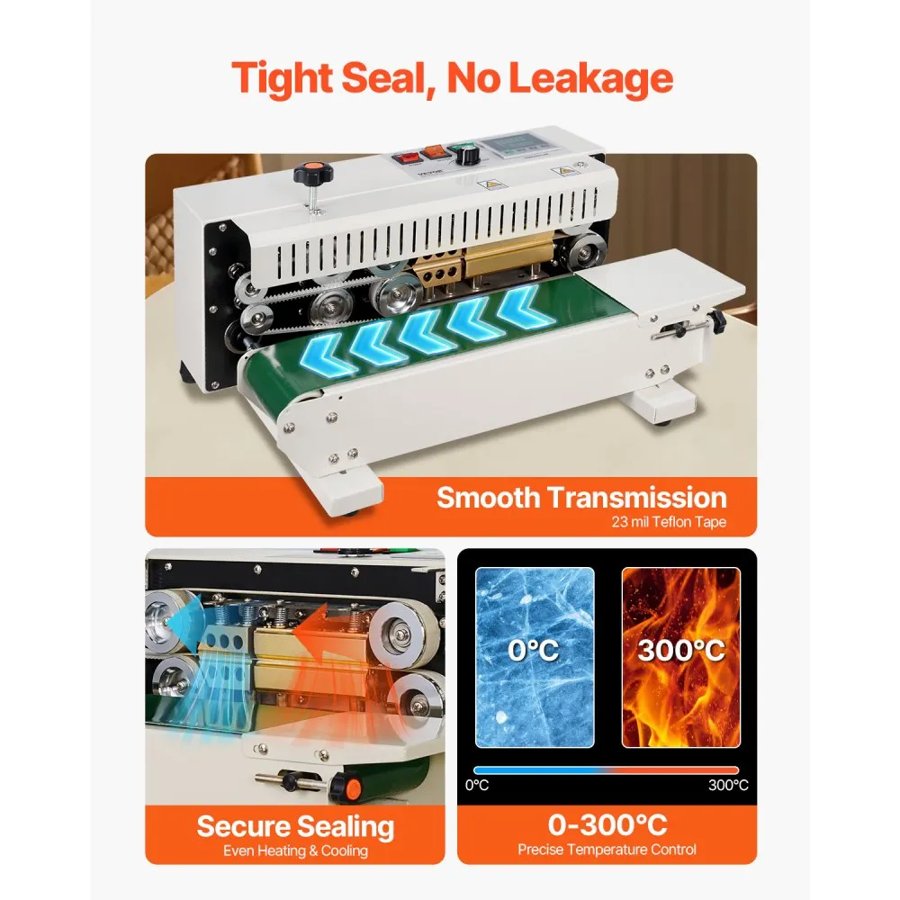 VEVOR Continuous Bag Band Sealing Machine, 0.24-0.47 in/6-12 mm Seal Width, Horizontal Band Sealer Machine with Digital Temperature Control, Carbon Steel Bag Sealer for 0.02-0.8 mm Plastic Bags Films