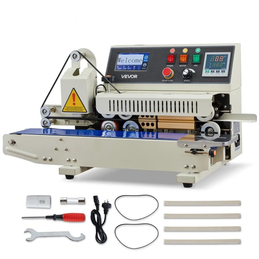 VEVOR Continuous Bag Band Sealing Machine, 6-12 mm Seal Width, Horizontal Band Sealer Machine with Ink Printing, Temp & Speed Adjustable, Commercial Heat Sealer Machine for 0.03-0.8 mm Plastic Bags