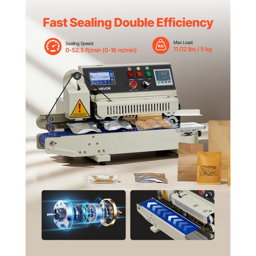 VEVOR Continuous Bag Band Sealing Machine, 6-12 mm Seal Width, Horizontal Band Sealer Machine with Ink Printing, Temp & Speed Adjustable, Commercial Heat Sealer Machine for 0.03-0.8 mm Plastic Bags