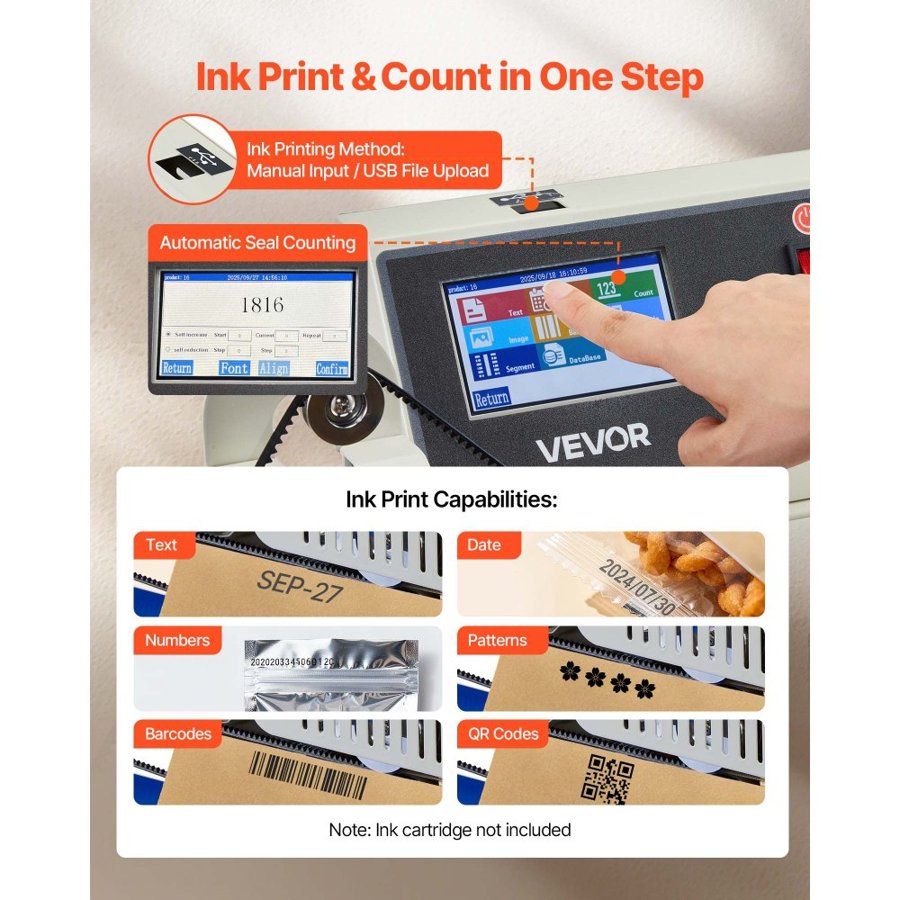 VEVOR Continuous Bag Band Sealing Machine, 6-12 mm Seal Width, Horizontal Band Sealer Machine with Ink Printing, Temp & Speed Adjustable, Commercial Heat Sealer Machine for 0.03-0.8 mm Plastic Bags