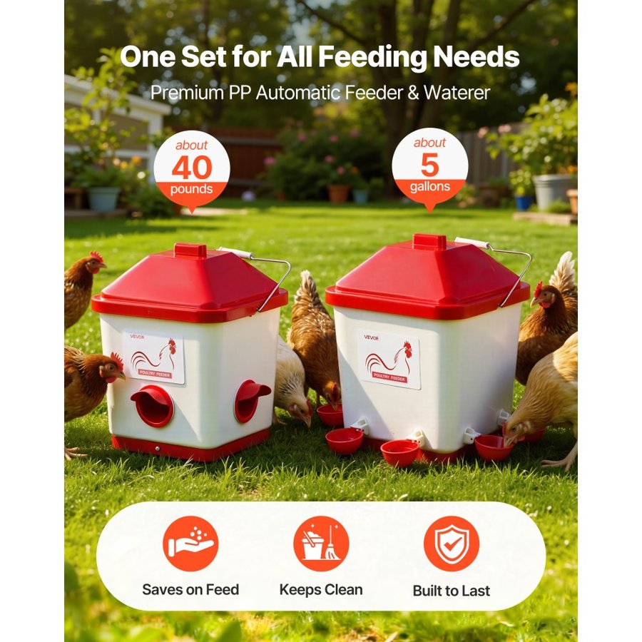 VEVOR Automatic Chicken Feeder & Waterer Set, 19 L/18.14 kg, Rain Proof Hanging Poultry Feeder with Water Cup No Waste, Automatic Gravity, Avoid Small Animals, Suitable for Chicken, Duck, Turkey