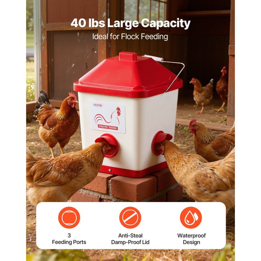 VEVOR Automatic Chicken Feeder & Waterer Set, 19 L/18.14 kg, Rain Proof Hanging Poultry Feeder with Water Cup No Waste, Automatic Gravity, Avoid Small Animals, Suitable for Chicken, Duck, Turkey