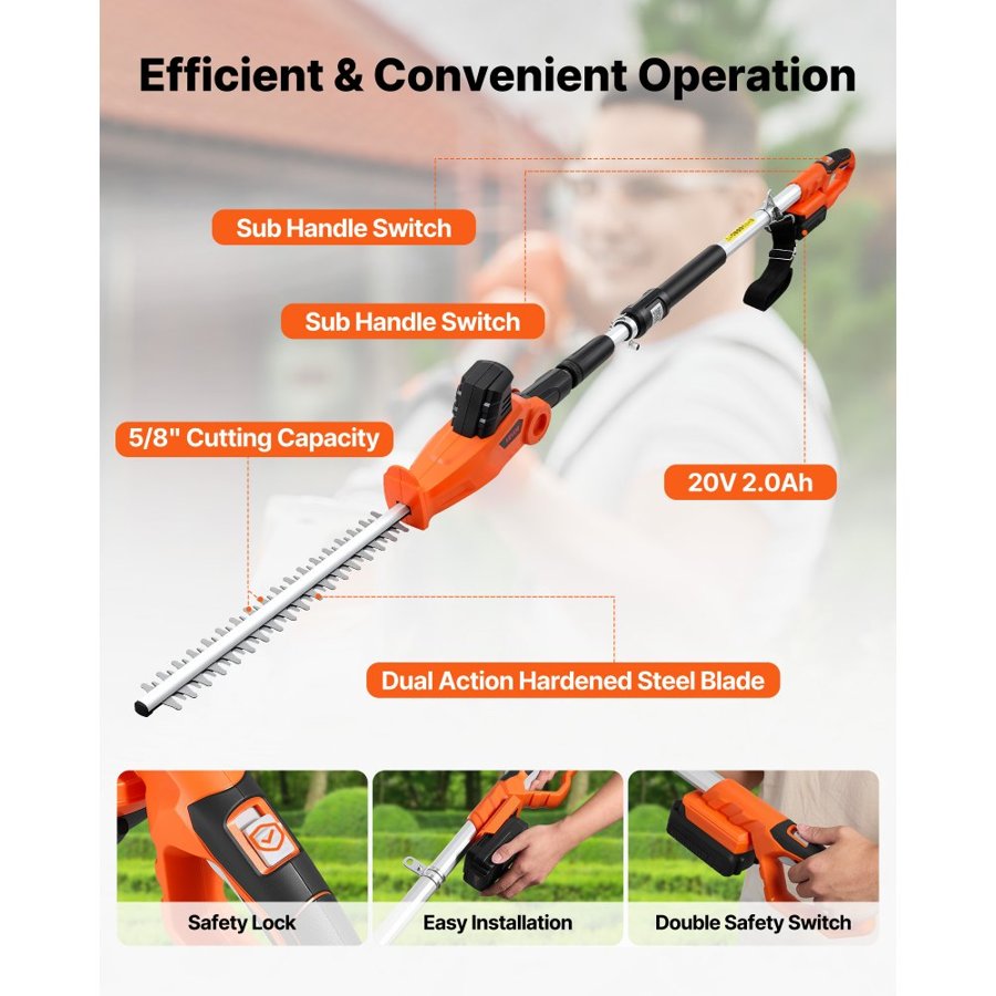 VEVOR Cordless Pole Hedge Trimmer, 20V Electric Bush Trimmer Kit with 457.2 mm Double-Edged Steel Blade, 187.5-238.5 cm Telescoping Design for High Branches (2.0Ah Battery and Fast Charger Included)