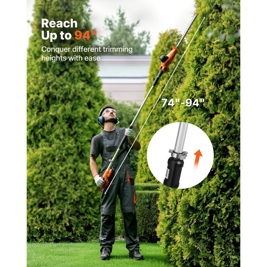 VEVOR Cordless Pole Hedge Trimmer, 20V Electric Bush Trimmer Kit with 457.2 mm Double-Edged Steel Blade, 187.5-238.5 cm Telescoping Design for High Branches (2.0Ah Battery and Fast Charger Included)