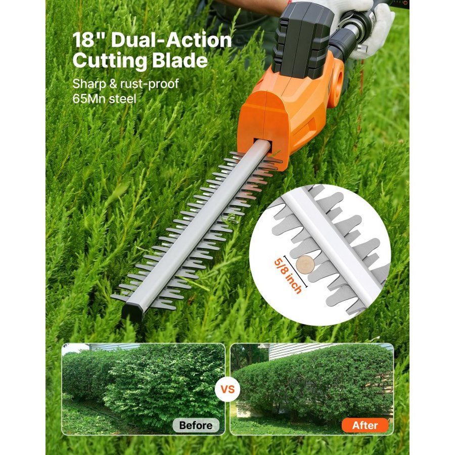 VEVOR Cordless Pole Hedge Trimmer, 20V Electric Bush Trimmer Kit with 457.2 mm Double-Edged Steel Blade, 187.5-238.5 cm Telescoping Design for High Branches (2.0Ah Battery and Fast Charger Included)