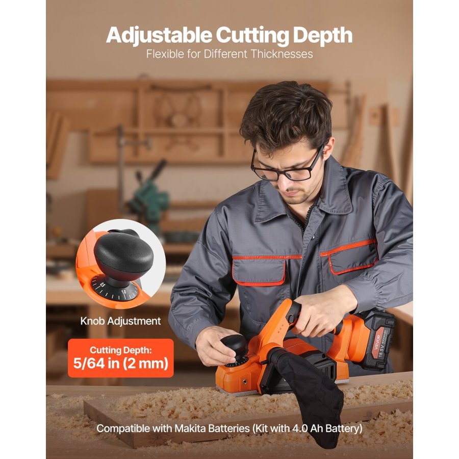 VEVOR Cordless Handheld Planer – 82mm, 15000 RPM, 18V 4Ah