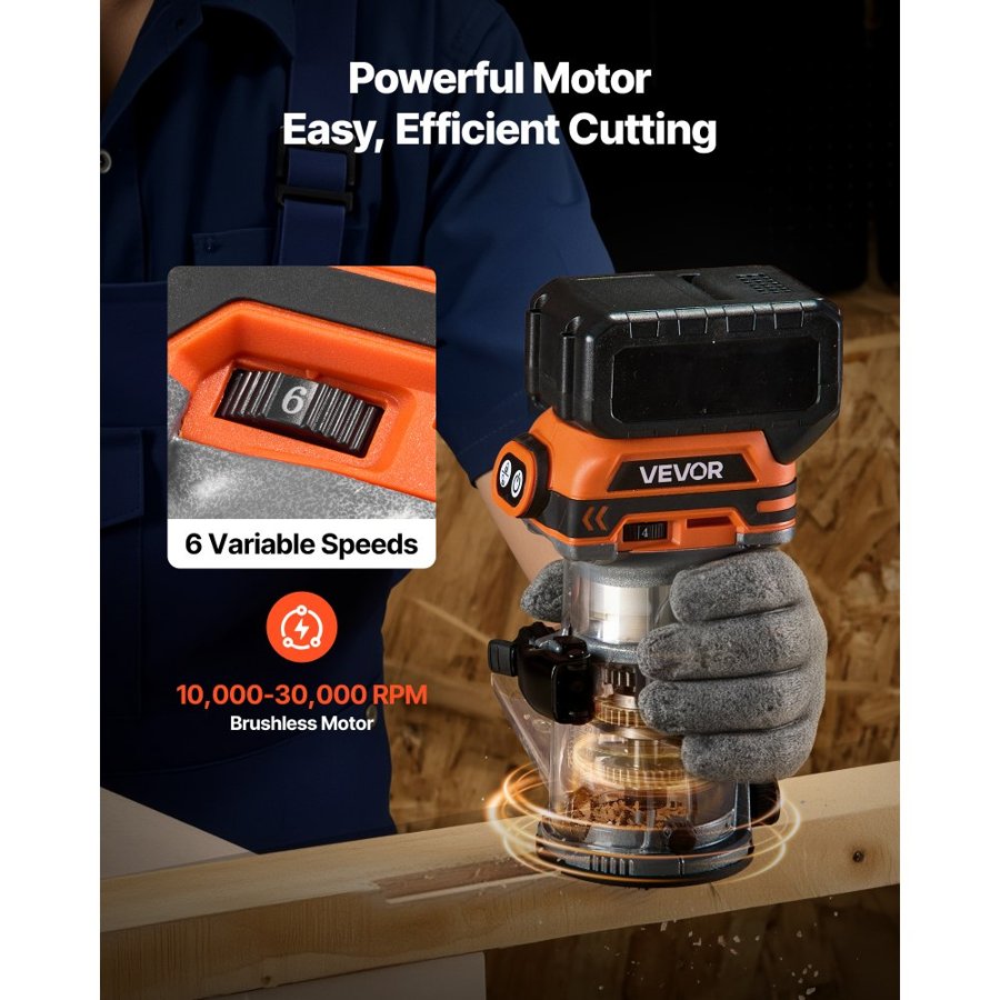 VEVOR Cordless Wood Router – 30,000 RPM, 1/4 in Collet, 18V