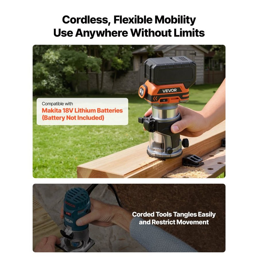 VEVOR Cordless Wood Router – 30,000 RPM, 1/4 in Collet, 18V