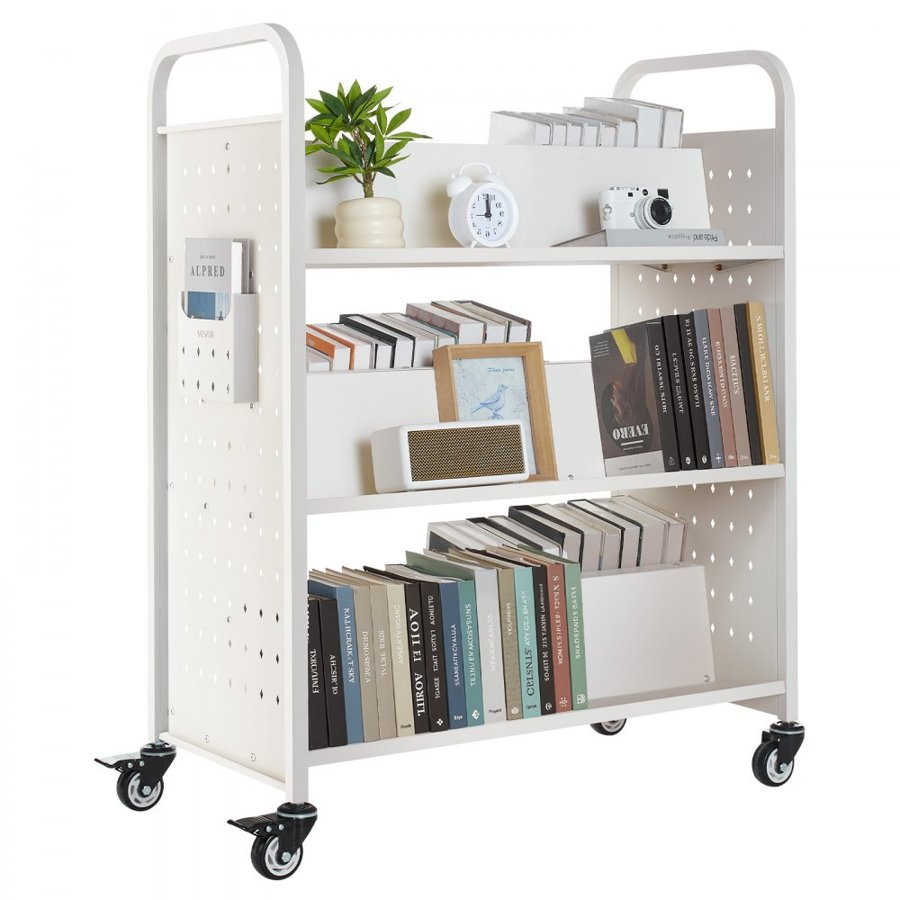 VEVOR Rolling Library Book Cart, 150 kg Capacity, 97 x 51.5 x 122.5 cm Library Cart, Double Sided W-Shaped Shelves with 76.2 mm Lockable Wheels, Book Truck for Home Shelves Office and School, White