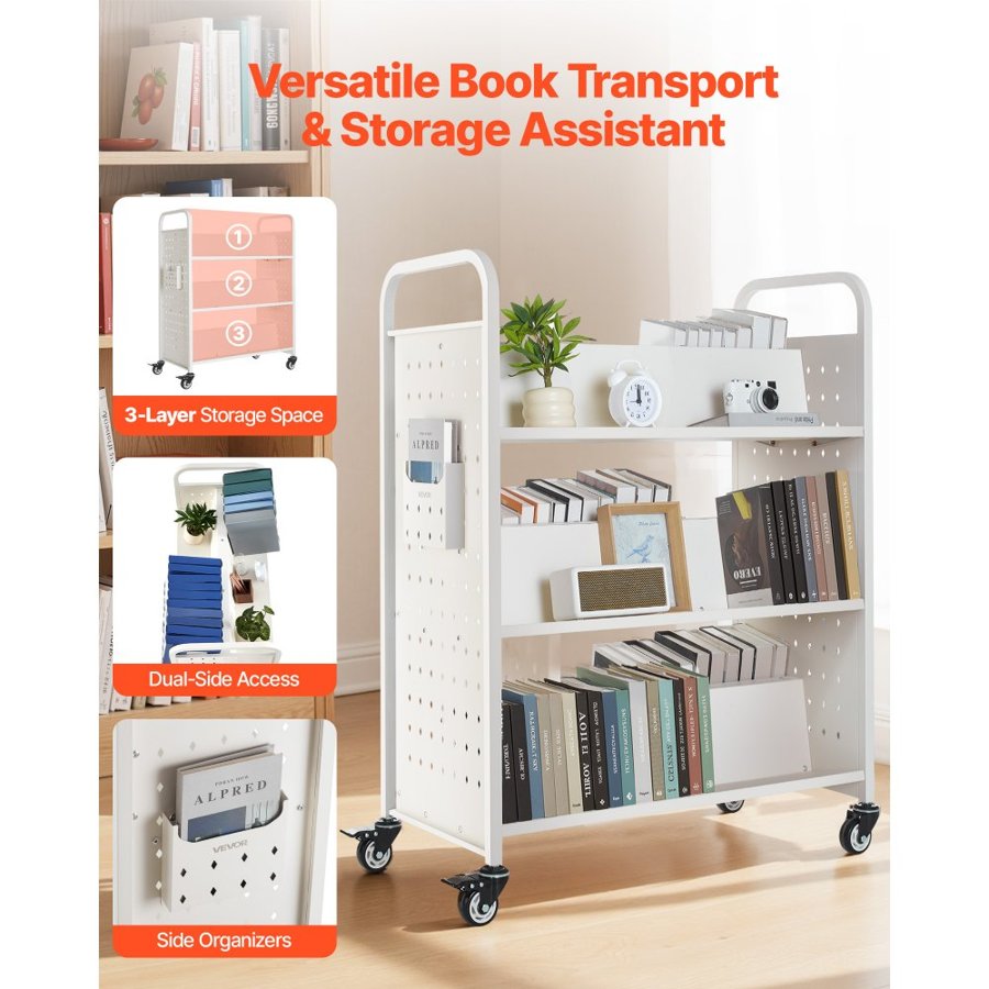 VEVOR Rolling Library Book Cart, 150 kg Capacity, 97 x 51.5 x 122.5 cm Library Cart, Double Sided W-Shaped Shelves with 76.2 mm Lockable Wheels, Book Truck for Home Shelves Office and School, White