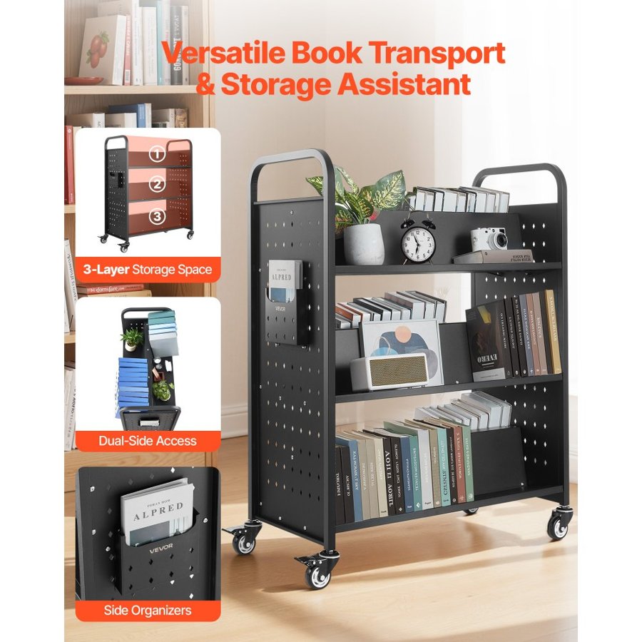 VEVOR Rolling Library Book Cart, 150 kg Capacity, 97 x 51.5 x 122.5 cm Library Cart, Double Sided W-Shaped Shelves with 76.2 mm Lockable Wheels, Book Truck for Home Shelves Office and School, Black