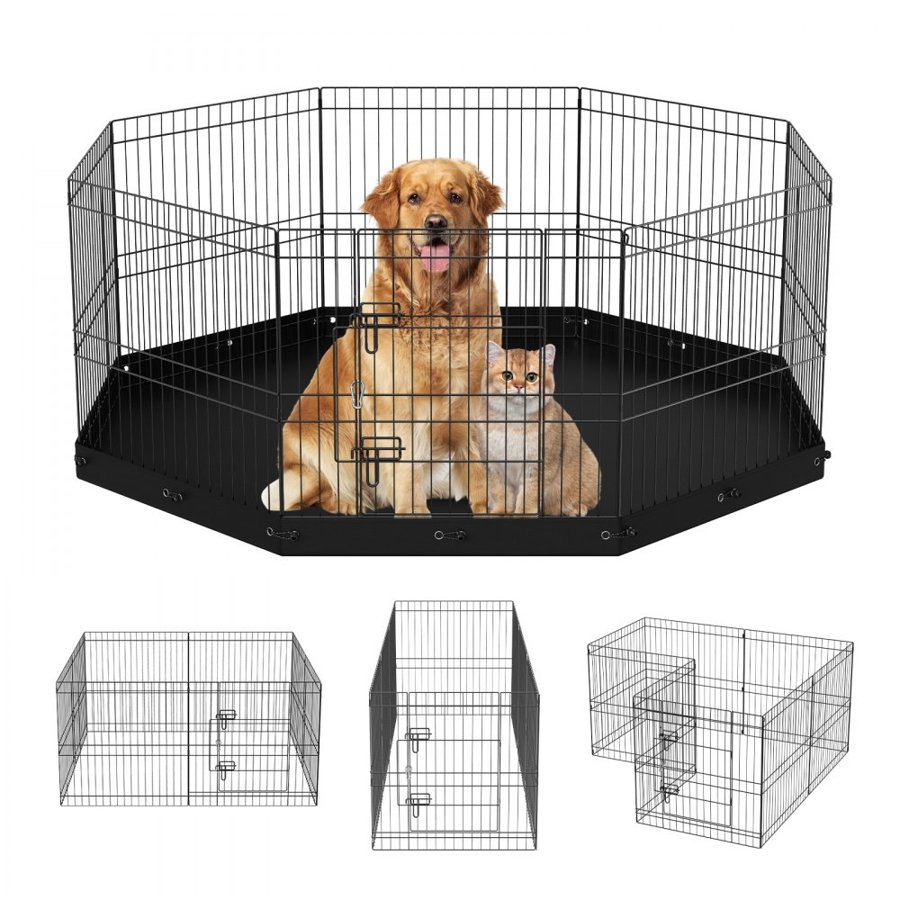 VEVOR Dog Playpen, 8 Panels Foldable Metal Dog Exercise Pen with Bottom Pad, 61 cm H Pet Fence Puppy Crate Kennel with Ground Stakes, Indoor Outdoor Dog Pen for Small Medium Pets, for Camping, Yard