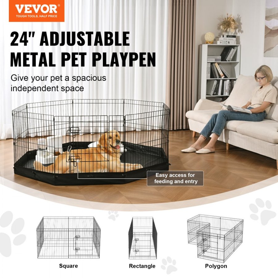 VEVOR Dog Playpen, 8 Panels Foldable Metal Dog Exercise Pen with Bottom Pad, 61 cm H Pet Fence Puppy Crate Kennel with Ground Stakes, Indoor Outdoor Dog Pen for Small Medium Pets, for Camping, Yard