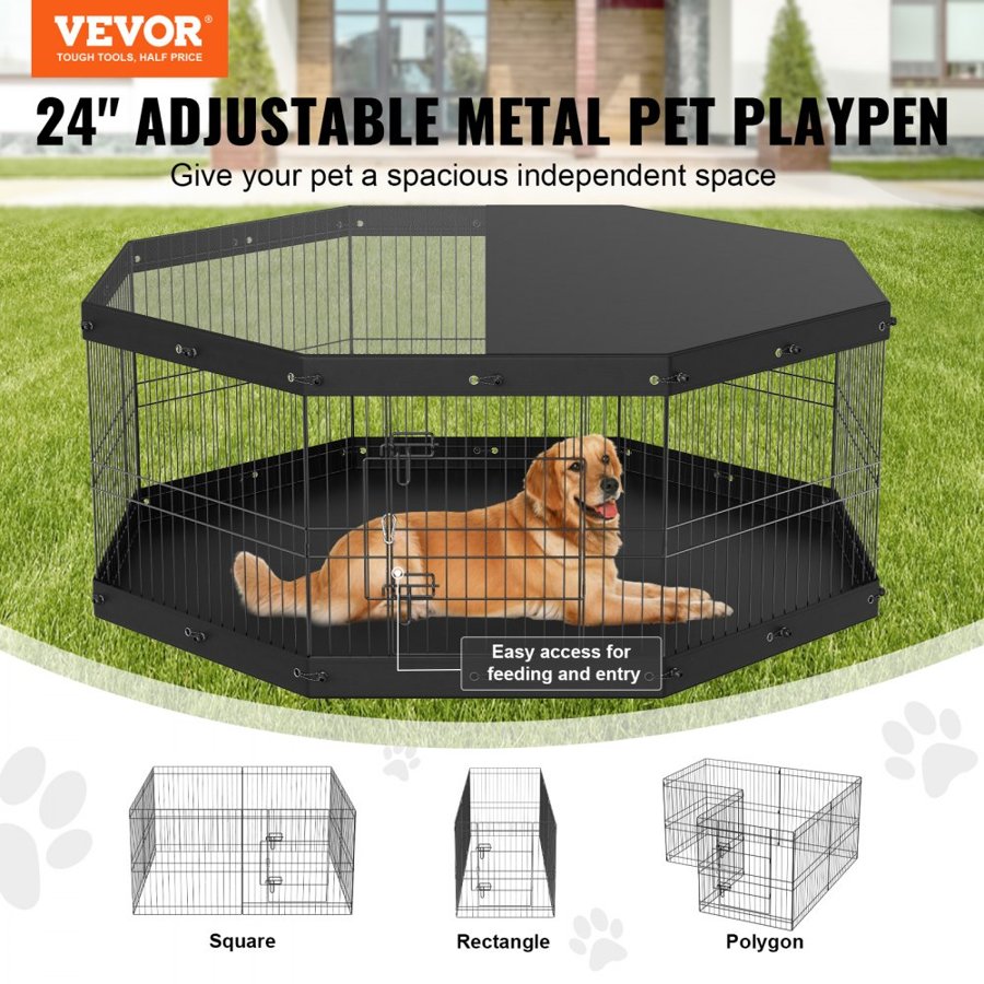 VEVOR Dog Playpen, 8 Panels Foldable Metal Dog Exercise Pen with Top Cover and Bottom Pad, 61 cm H Pet Fence Puppy Crate Kennel, Indoor Outdoor Dog Pen for Small Medium Pets, for Camping, Yard