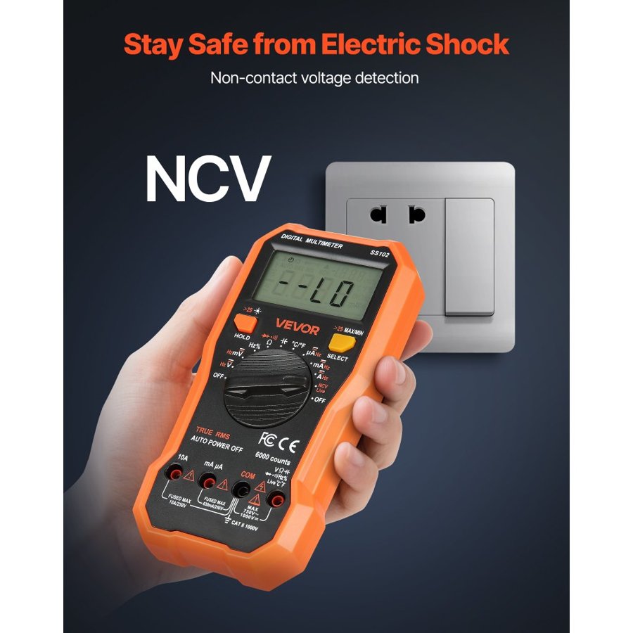 VEVOR Digital Multimeter, 6000-Count TRMS DC/AC Voltmeter Current Tester, Professional NCV Multimeter for Current Voltage Resistance Capacitance Duty-Cycle Tempetature Diodes Continuity Live Wire Test