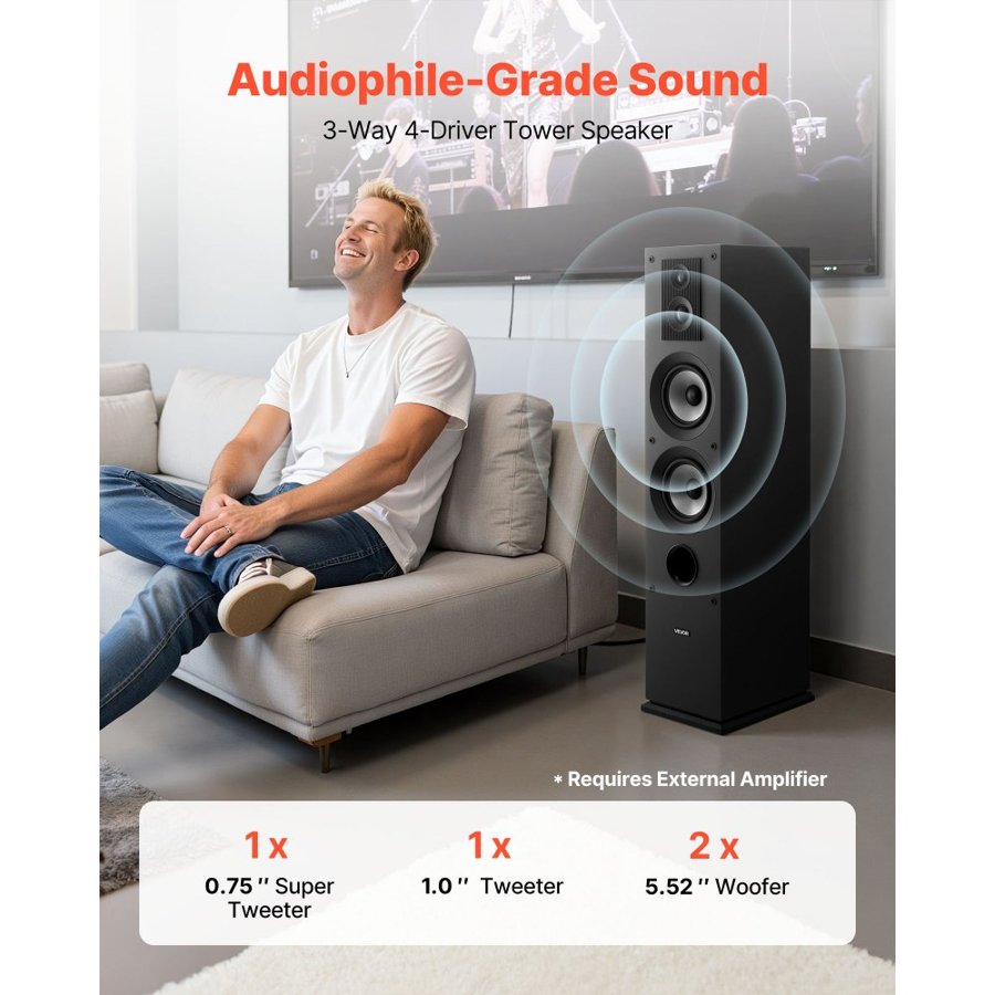 VEVOR Passive Floorstanding Speaker, 3-Way, Floor-Standing Tower Speaker with 19.05 mm&25.4 mm Tweeter, Dual 133.35 mm Woofers, 145W Peak, 70Hz–20kHz Frequency Response, MDF Enclosure, for Home Audio, Single