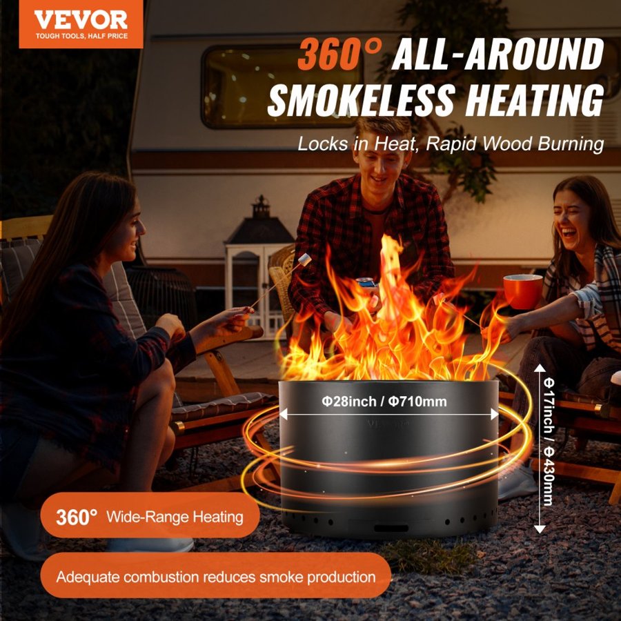 VEVOR Smokeless Fire Pit Stove Bonfire 71.1 cm Dia Wood Burning Stainless Steel