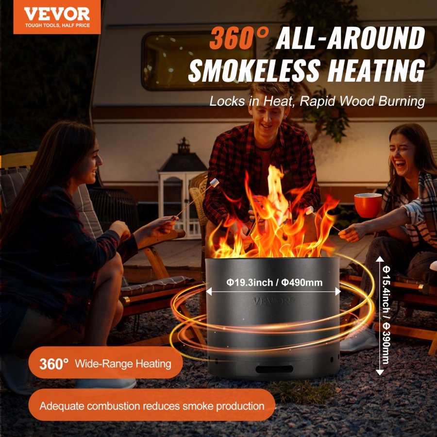 VEVOR Smokeless Fire Pit Stove Bonfire 49 cm Dia Wood Burning Stainless Steel