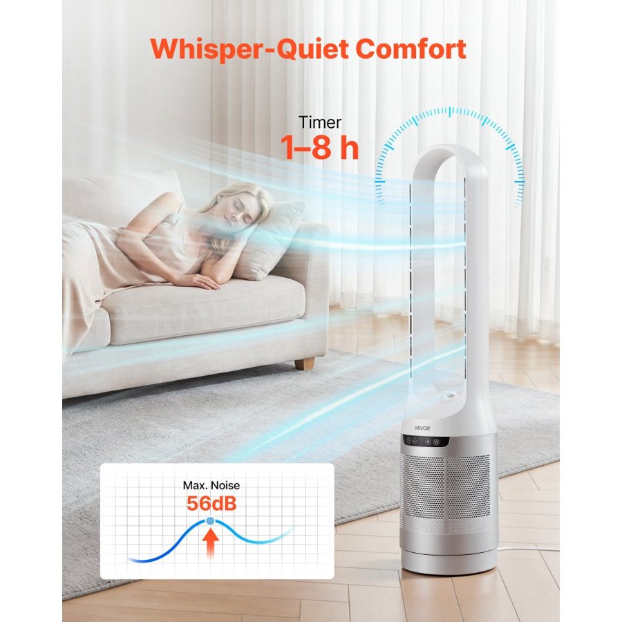 VEVOR Bladeless Tower Fan, 65° Oscillating Standing Fan, 12 Speeds & 4 Modes & 8-Hour Timer, 4.5 m/s High Velocity Floor Air Circulator, Powerful Airflow for Bedroom, Living Room, Home, Office, White