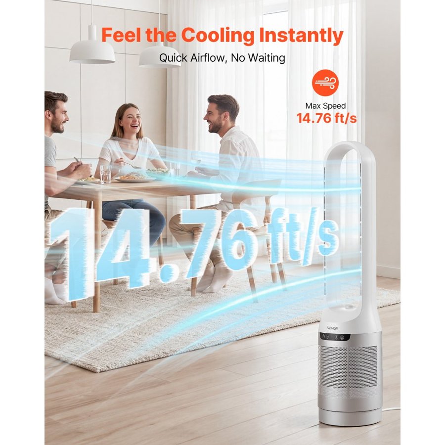 VEVOR Bladeless Tower Fan, 65° Oscillating Standing Fan, 12 Speeds & 4 Modes & 8-Hour Timer, 4.5 m/s High Velocity Floor Air Circulator, Powerful Airflow for Bedroom, Living Room, Home, Office, White