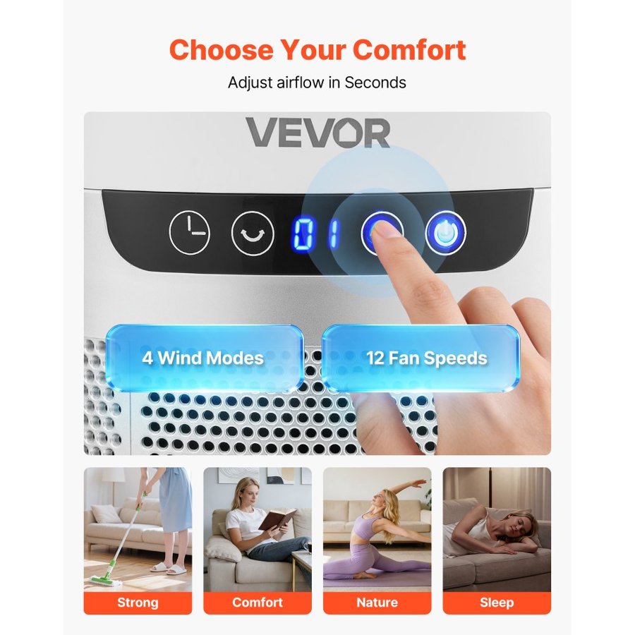VEVOR Bladeless Tower Fan, 65° Oscillating Standing Fan, 12 Speeds & 4 Modes & 8-Hour Timer, 4.5 m/s High Velocity Floor Air Circulator, Powerful Airflow for Bedroom, Living Room, Home, Office, White