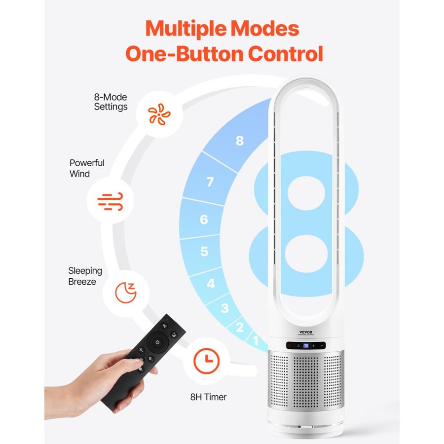 VEVOR Tower Fan Bladeless, 15.4ft/s Velocity Floor Fan that Blows Cold Air, 80° Oscillating 8-Speed Fans, 8H Timer, Standing Fans with H13 HEPA Filtration, Remote Control & Air Purification Mode
