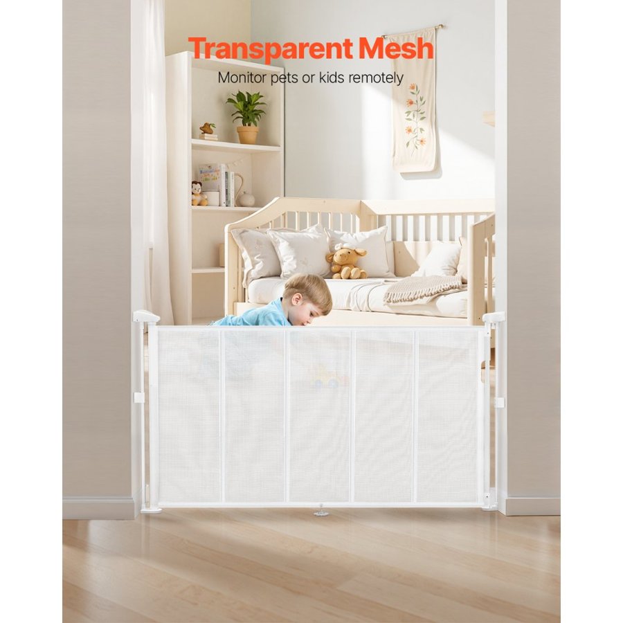 VEVOR Retractable Baby Gate, 870 mm Tall, Extends up to 1400 mm Wide, Retractable Gate for Kids or Pets, Mesh Material, Easy to Install for Indoor Stairs, Doorways, Hallways, Playrooms, White