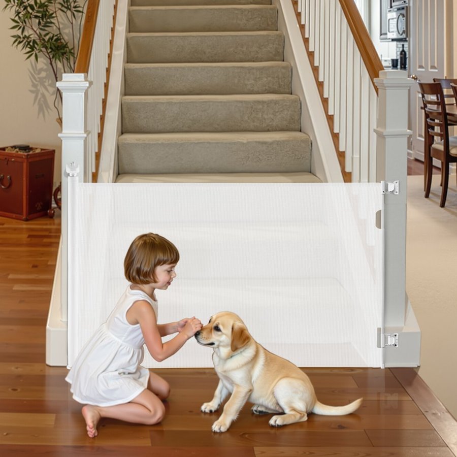 VEVOR Retractable Baby Gate, Extends to 1850 mm Wide, 795 mm Tall, with Security Lock, Easy to Use, Walk Through Without Tripping, Mesh Dog Gate for Stairs, Hallways, Indoor/Outdoor, White