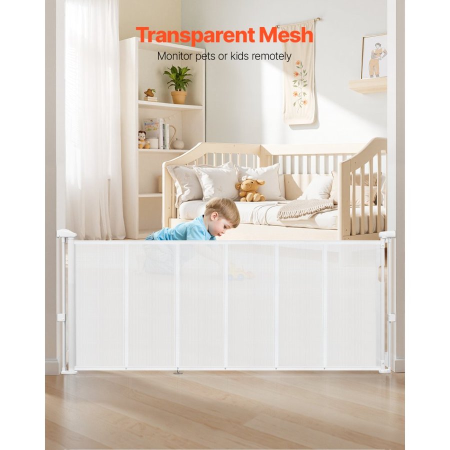 VEVOR Retractable Baby Gate, 870 mm Tall, Extends up to 1800 mm Wide, Retractable Gate for Kids or Pets, Mesh Material, Easy to Install for Indoor Stairs, Doorways, Hallways, Playrooms, White